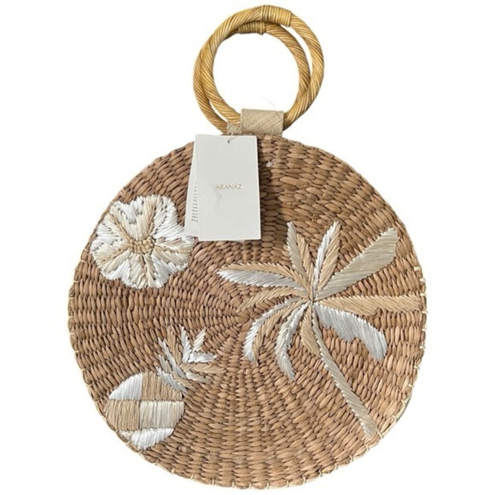 ARANAZ Round Straw Tote Bag Woven Palm Tree Floral Embroidery Top Handle